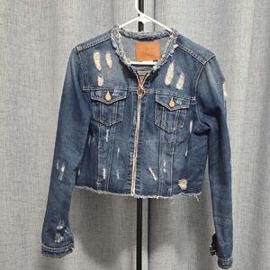 BBJ Los Angeles Women's Distressed Denim Jacket with Rose Gold Detail Size Large